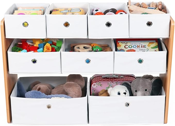 Humble Crew Kids Toy Organizer with 9 Fabric Bins, 3 Tier Storage Shelf | Sturdy wood and steel toddler frame, collapsible containers, wall anchor anti-tip safety kit for playroom, bedroom, classroom - Image 6