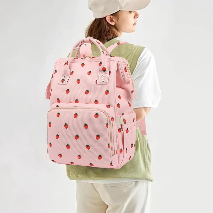 Corduroy Diaper Bag Backpack for Baby Girls Boys, Women Large Nappy Bags for Mom (Pink Corduroy Strawberry) - Image 2
