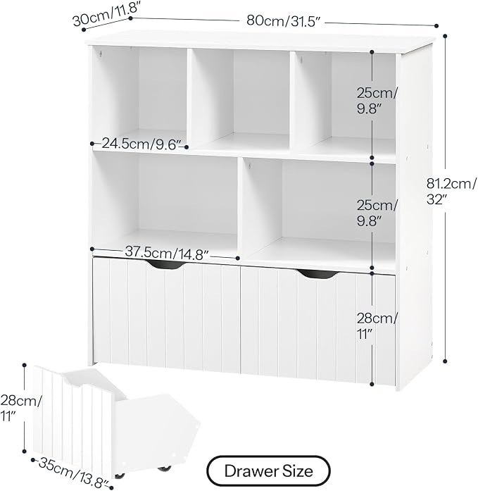 HOOBRO Toy Storage Organizer, Toy Organizers and Storage with 2 Movable Drawers and 5 Cubbies, Toy Chest Shelf for Books or Dolls, Kids Bookshelf and Toy Storage for Playroom, White WT88CW01 - Image 3