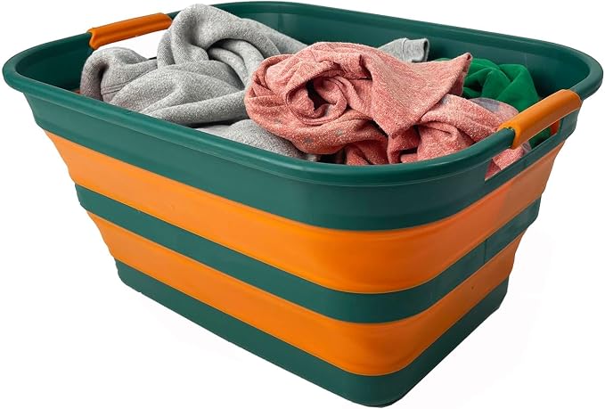 SAMMART Collapsible Plastic Laundry Basket with Handle/Foldable Pop Up Storage Hamper/Portable Laundry Organizer-Space Saving Washing Tub/Household Storage (Teal Green/Autumn leaf, 27L) by SAMMART