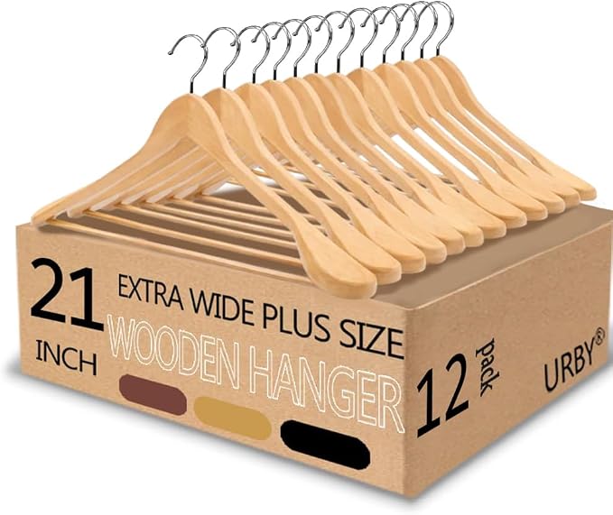 Urby 12pk 21 inch Wide Shoulder Wooden Hangers, Original Wood Color | For Plus Size Cloth, No Shoulder Bump Design, Non Slip Pants Bar, For XXL Suit, Jackets, Heavy Cloths, Easy-to-Install Hook by Urby