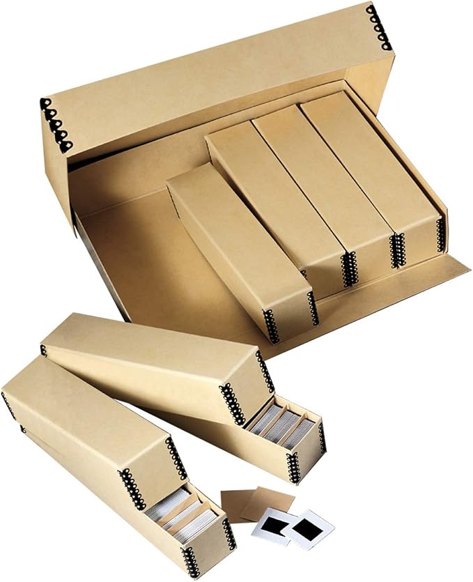 Lineco, Archival Slide Storage Box 15.5"x11.5"x3", with 6 Inner Cases, Tan | Acid-Free Metal Edge Organizer, Drop Front Design, Holds Up to 840 Slides, Films, Negatives, Photos and Cards by Lineco