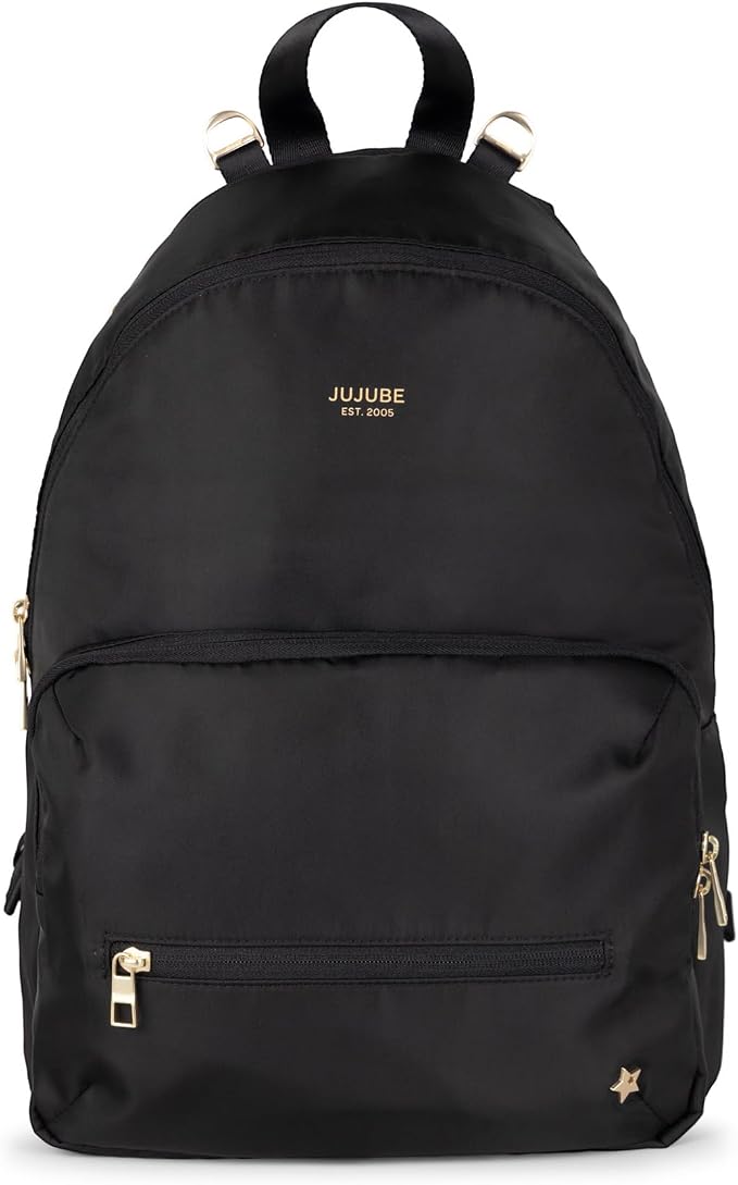 JuJuBe Diaper Bag Backpack with Changing Pad, 11-Pocket Large Capacity Organizer, 2 Interior Insulated Bottle Pockets, Wipe Pocket, Stroller Straps, Trolley Sleeve, Machine Washable (Black) by JuJuBe