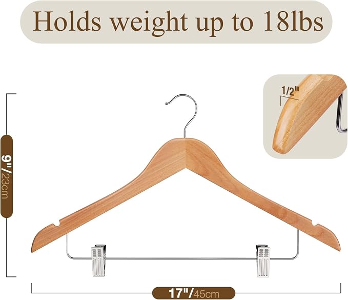 Wooden Hangers with Clips 12 Pack Wooden Pants Hangers,Skirt Hangers with Adjustable Clips,Hangers for Pants,Jeans,Slacks,Shorts（Natural） - Image 7