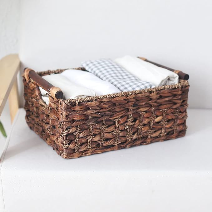 Water Hyacinth Wicker Storage Basket with Wood Handles, Large | Rectangular dark brown woven rattan basket, for shelves, kitchen countertops, closet, holds magazines, toilet paper - Image 4
