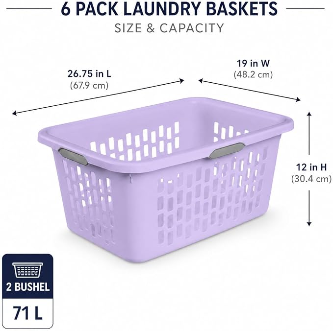 Laundry Basket 2 Bushel Plastic with 4 Handles 6 Pack Lilac | 6-Pack 2 Bushel Laundry Baskets with 4 Comfort-Grip Handles – Carries easily from any side. Rectangular ventilation holes - Image 3