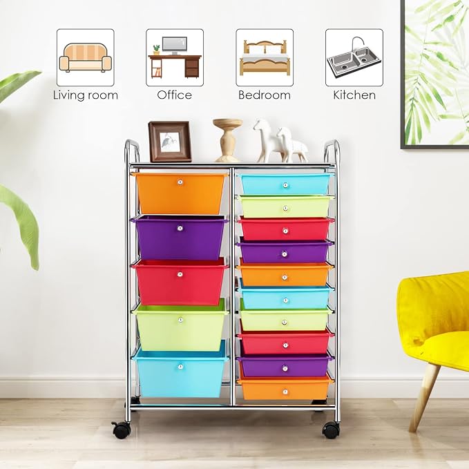 15 Drawer Rolling Storage Cart, Rolling Cart with Drawers for Classroom, Art Supply Craft Organizer on Wheel with Metal Frame & Handles for Home Office School - Image 7
