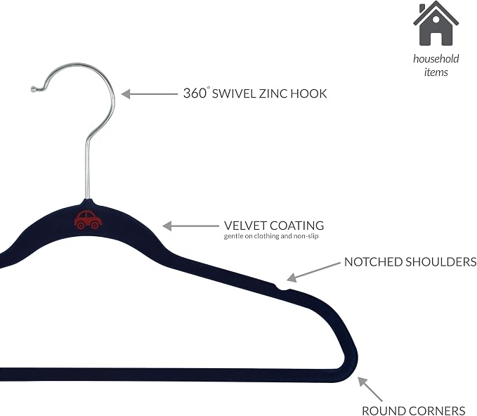 Simplify 25 Pack Kids Velvet Hangers | Slim | Non-Slip Design | Space Saving | Childrens Clothes | Shirts | Pants | Dresses | Baby Nursery | Closet Storage & Organization | Navy - Image 3