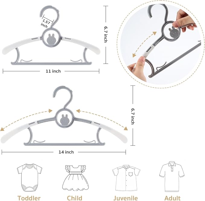 60PCS Baby Hangers, Extendable & Stackable Kid Clothes Hangers, Mix-Colors 11~14Inch for Baby Toddler Children Kids Teen, Non-Slip Plastic - Image 2