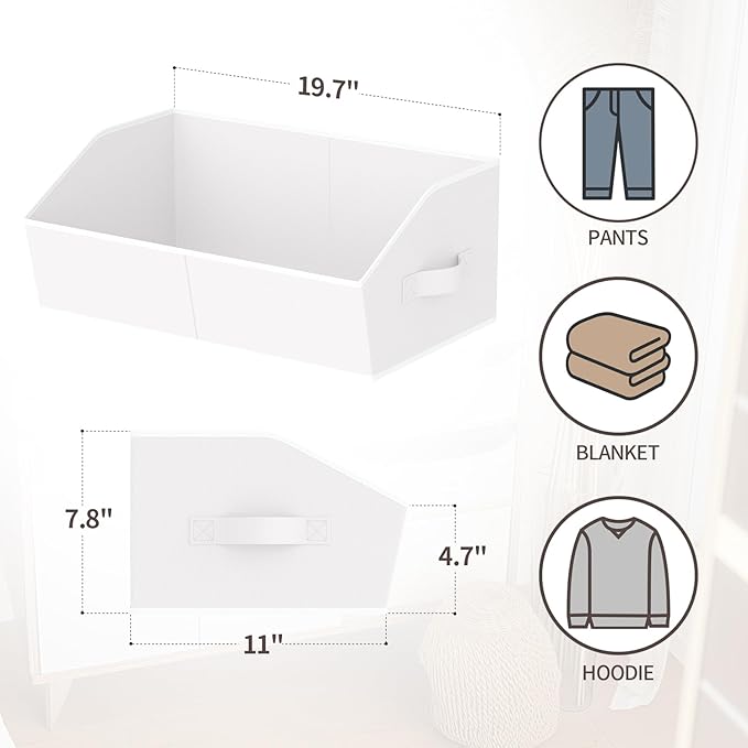 Storage Bins for Shelves - Large Trapezoid Closet Shelf Organizer, Fabric Organization Bins with Handles, Storage Baskets for Clothes, Towel, Purse, 4 Pack, White - Image 3