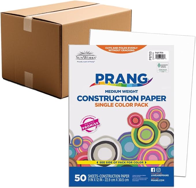 Prang Construction Paper, 9" x 12", Bright White, 50/Pack, 50 Packs | Formerly SunWorks, Class Pack, 2500 Sheets Total, P8703 by Prang