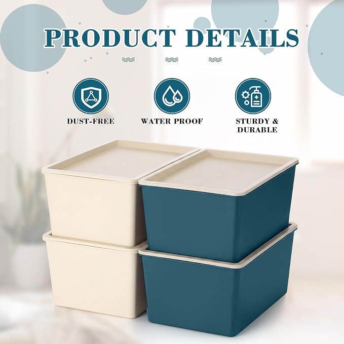 4 Pcs Storage Bins with Lids, Beige, Blue, Small | Plastic Stackable Organizing Containers, Heavy Duty Storage Boxes for Classroom Room Shelves, Christmas Ornaments Baskets - Image 3