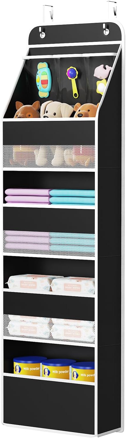 Univivi Fabric Over Door Hanging Organizer for Baby Nursery, Black, 5-Shelf | Door Storage with Large Capacity Breathable Mesh Pockets, Back of Door Organizer for Baby Essential, Bedroom, and Dorm by Univivi