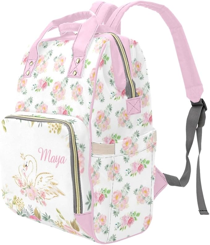 Custom Diaper Bag Personalized Floral Swan Casual Nursing Mommy Daypack with Insulated Pocket Customized Cute Diaper Bag Backpack with Name or Holiday Travel - Image 2