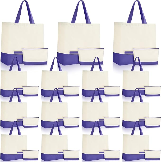 Sanwuta 30 Pcs Canvas Tote Bags Bulk with Zipper Cosmetic Pouch,Purple | 18.5" Reusable Cotton Shopping Bag with Handle for DIY Craft by Sanwuta