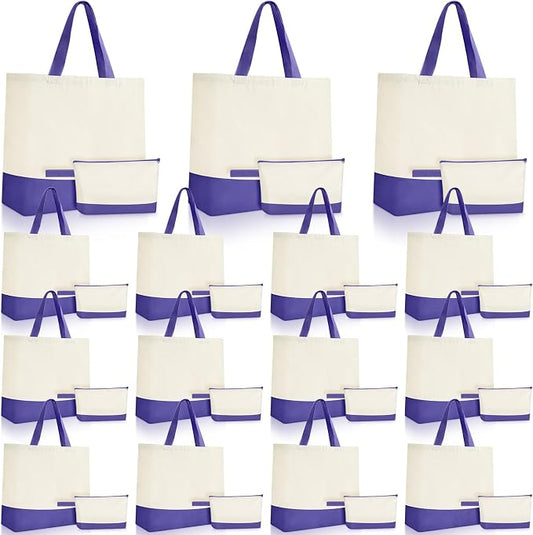 Sanwuta 30 Pcs Canvas Tote Bags Bulk with Zipper Cosmetic Pouch,Purple | 18.5" Reusable Cotton Shopping Bag with Handle for DIY Craft by Sanwuta