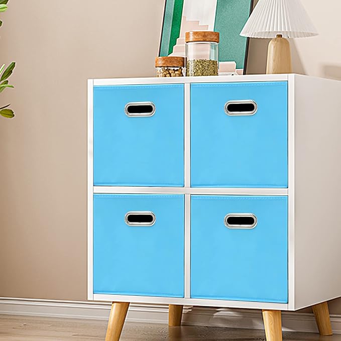 Fabric Cubby Storage Bins - 13x13x13 Inches, Foldable Cube Organizer Bins with Dual Handles - Set of 6, Blue - Image 4