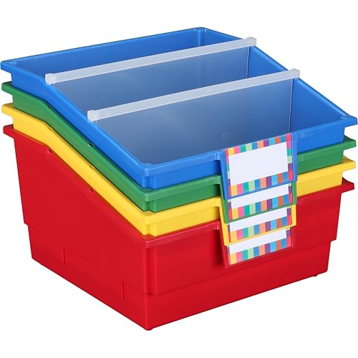 Really Good Stuff Picture Book Classroom Library Bins with Dividers | 13.5" x 13.5" x 7.75, 4-Pack, Rainbow, Large Plastic Bin Organizers for Book Organization, Documents, Files, Magazines by ReallyGoodStuff