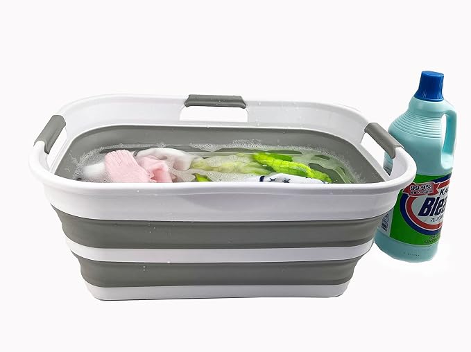 SAMMART 21L (5.5 Galloons) Collapsible Plastic Storge Basket - Foldable Pop Up Storage Container/Organizer - Portable Washing Tub - Space Saving Hamper/Basket (White/Grey (Set of 2)) - Image 4