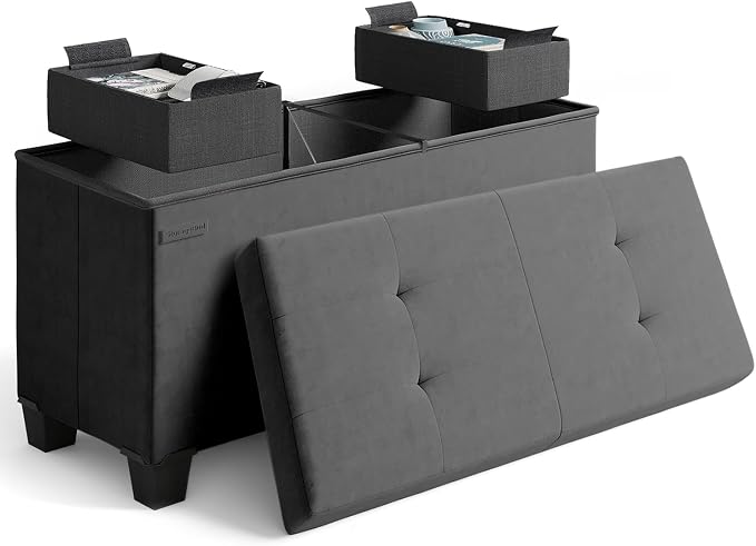 Storage Ottoman Bench with Bins, 30-in Storage Bench for Bedroom End of Bed, Folding Foot Rest Ottoman for Living Room Max 660lbs, Velvet Ottomans, Grey by STORAGEBUD