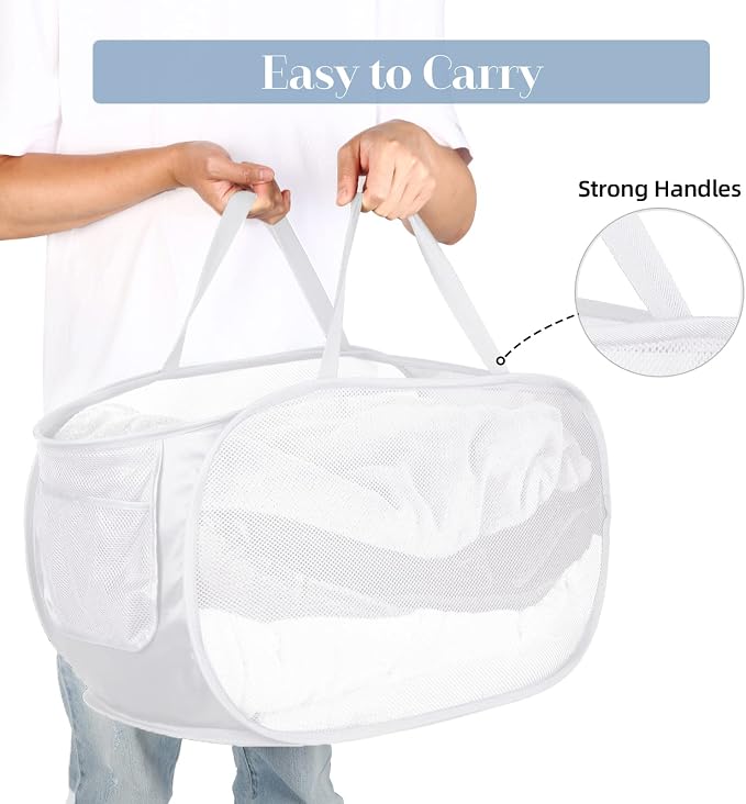 4 Pack Collapsible Laundry Baskets, Foldable Laundry Basket with Pocket, Durable Pop Up Hampers, Reinforced Handles Dirty Clothes Hamper for Laundry, Bedroom, Bathroom, Dorm, Travel or Camping White - Image 7