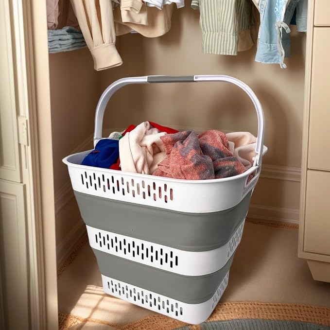 SAMMART 38L(10 Gal) Collapsible Laundry Basket - Foldable Pop-Up Storage Container/Organizer-Portable Space Saving Hamper, Measure 17.5x13.3x15.7"/3.8" Expanded/Collapsed (2, White/Grey) - Image 4