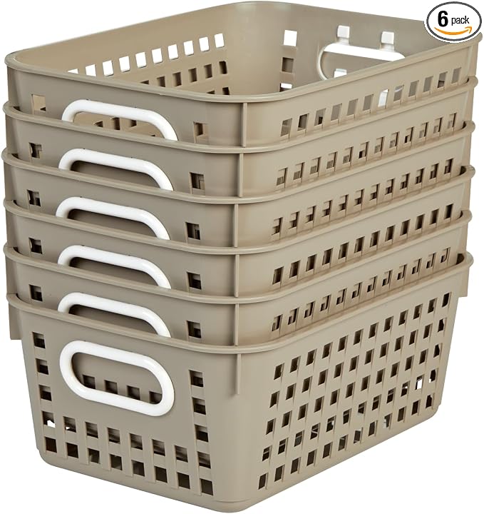 Really Good Stuff Medium Plastic Book Baskets, 11" x 7.5" x 4.5", 6-Pack | Tan, Versatile Storage Solution for Classroom, Home & Office, Storage, Multi-Purpose by ReallyGoodStuff