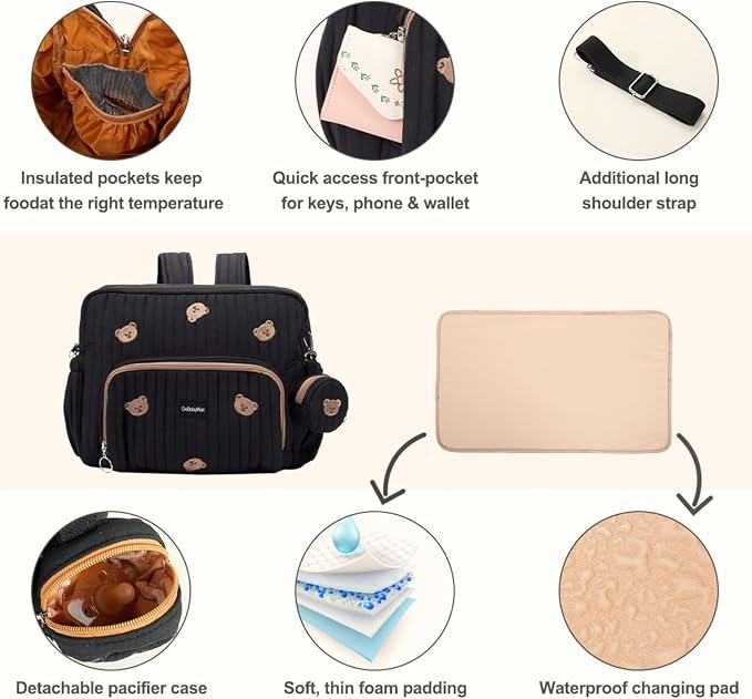 Diaper Bag Backpack with Changing Pad - Travel Baby Bag, Insulated Bottle Pockets, Stroller Straps (Medium - Black Bears) - Image 7