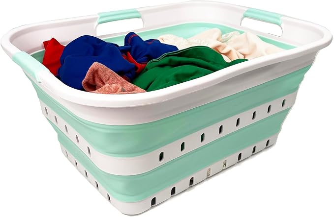 SAMMART 42L (11 gallon) Collapsible Plastic Laundry Basket - Foldable Pop Up Storage Container/Organizer - Space Saving Hamper/Basket (1, White/Light Green) - Image 5