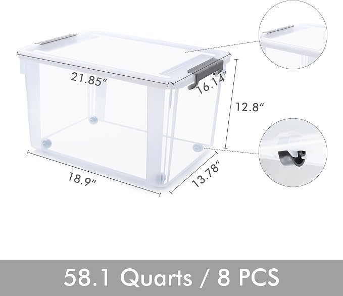 Citylife 58.1 QT Plastic Storage Bins with Latching Lids Stackable Storage Containers for Organizing Large Clear Storage Box for Garage, Closet, Kitchen, 8 Packs - Image 6