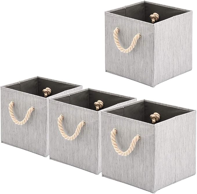 Foldable Bamboo Fabric Storage Bins [set of 4] with Cotton Rope Handles, Collapsible Organizer Boxes Basket - 10.5 x 10.5 x11 inch (Gray) by BeigeSwan
