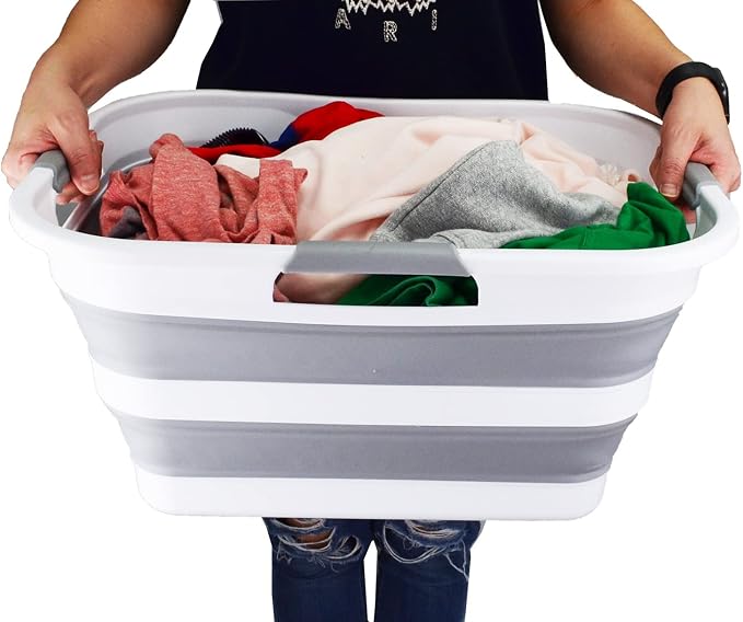 SAMMART - 30L (8 gallon) Collapsible Plastic Laundry Basket - Foldable Pop Up Storage Container/Organizer-Space Saving Hamper, Water capacity: 24L (6.3 gallon) (2, White/Grey/White) - Image 6