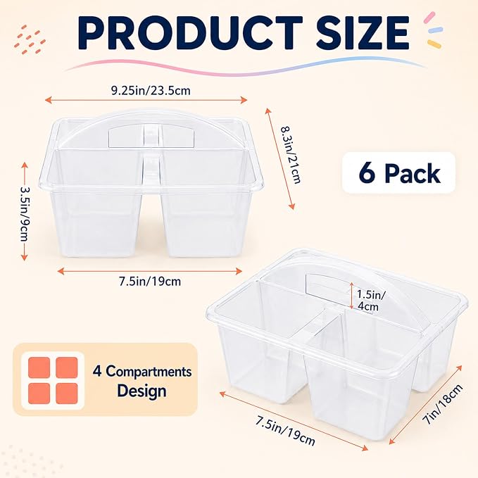 gisgfim 6 Pack Plastic Classroom Caddy with 4-Compartments Plastic Storage Caddies with Handle 4 Compartments Table Caddy Organizer Versatile Table Caddies for Classroom Office, Clear Color - Image 2