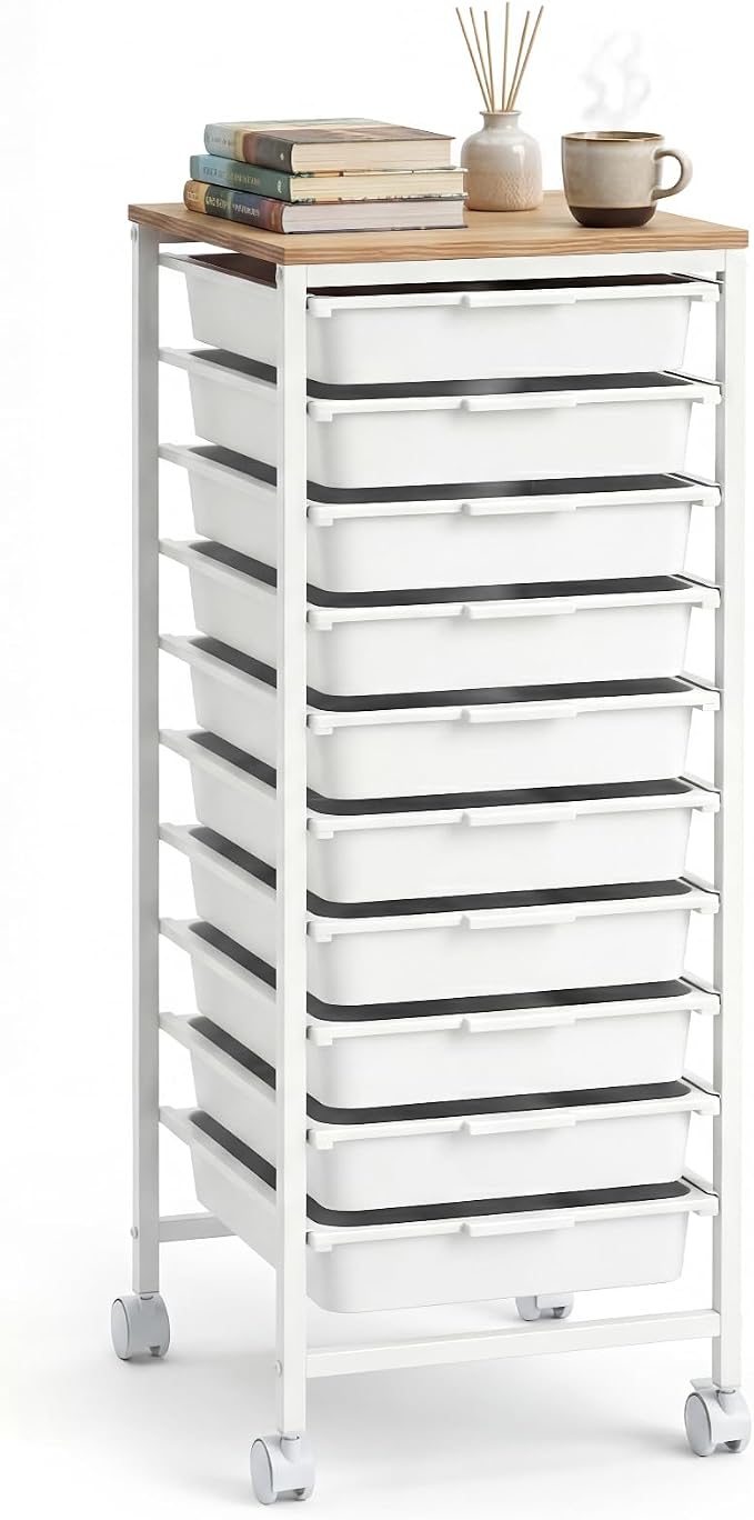 GOFLAME 10-Drawer Rolling Storage Cart, Craft Storage Cart with Wooden Tabletop and Lockable Wheels, Art Cart Supply Storage Organizer with Metal Frame for Home Office Classroom, White by GOFLAME