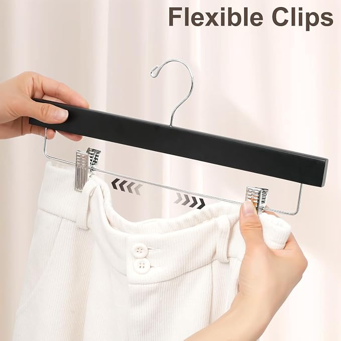 BAGAIL 10 Pack Wooden Pants Hangers with Adjustable Clips, 360°Swivel Hook Space Saving Skirt Holders with Anti-Rust Clips for Trousers, Jeans, Shorts (Black) - Image 3