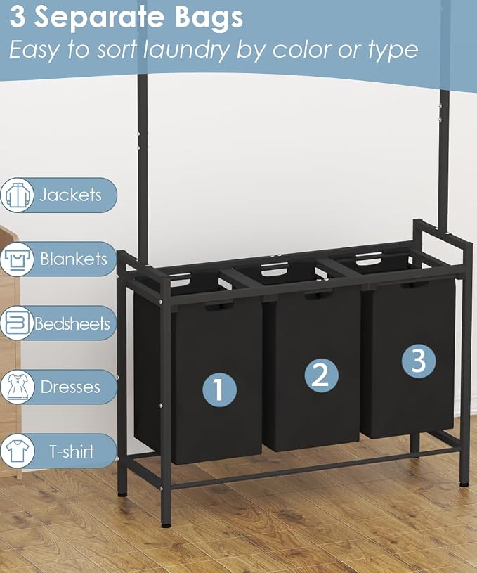 Large Laundry Hamper with Clothes Rack Hanging Bar, 10 x 3 Gal Pull-Out & Removable Sorter Bags, Freestanding Laundry Basket Organizer for Bathroom, Bedroom and Laundry Room, Black - Image 3