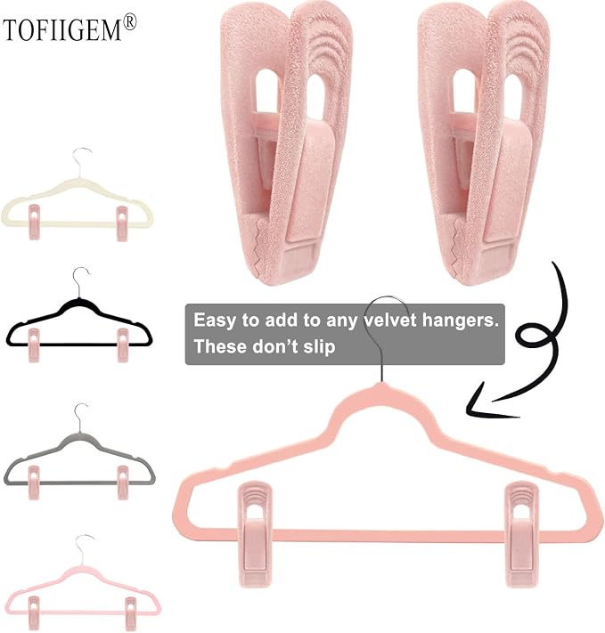 TOFIIGREM Light Pink Velvet Hangers Clips 20 PCS, Non-Slip Velvet Clip for Pant Skirt Velvet Hangers, Strong Flocking Hangers Clips - Image 2