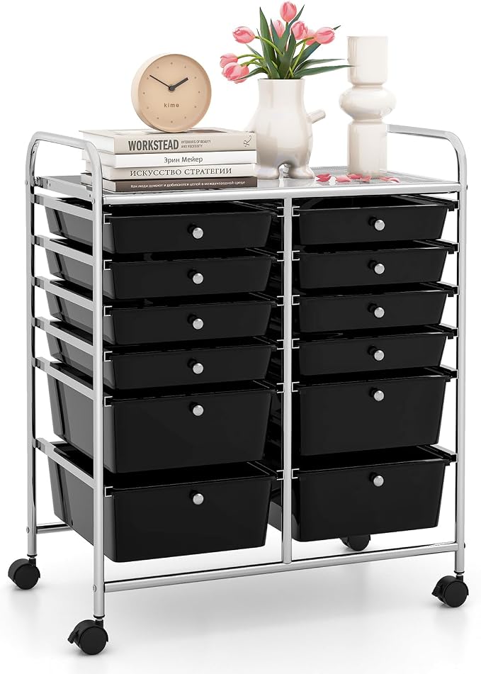 12 Drawer Rolling Storage Cart, Craft Cart Organizer on Wheels w/Metal Frame, Large Capacity & Smooth Drawer, Rolling Cart w/Drawers for Classroom, Office by LDAILY