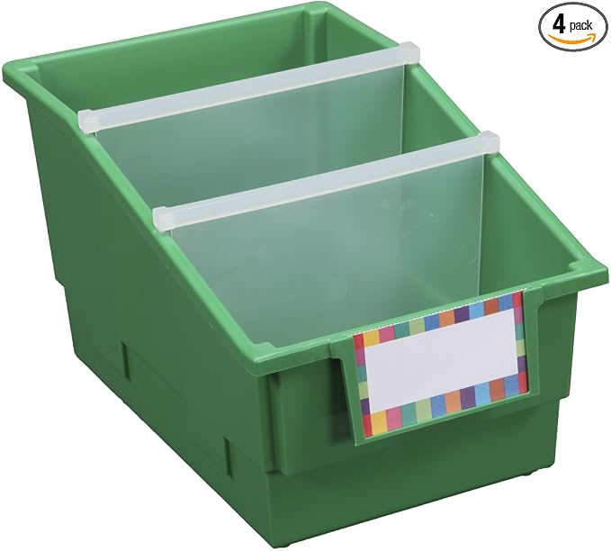 Really Good Stuff Green Chapter Book Classroom Library Bins with Dividers | 8.75" x 13.5" x 7.75", 4-Pack, Plastic Shelf Bin Organizers for Book Organization, Documents, Files, Magazines by ReallyGoodStuff