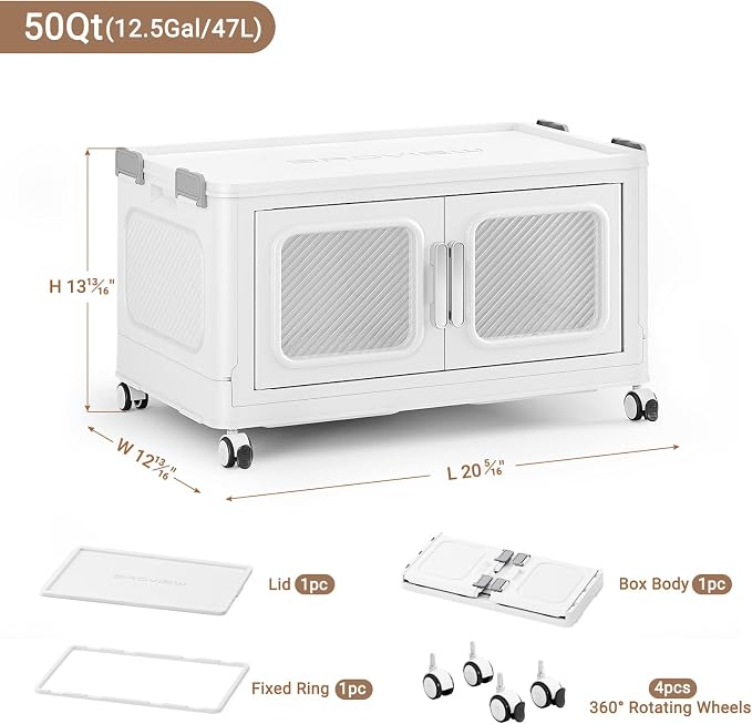 BROVIEW 50 Qt Extra Large Stackable Storage Bin with Lids, 1 Pack White | 12.5Gal Extra Large, Collapsible Storage Boxes with 1 Lids, Folding& Rolling Plastic Drawer, Heavy-Duty Cabinet Organization - Image 2