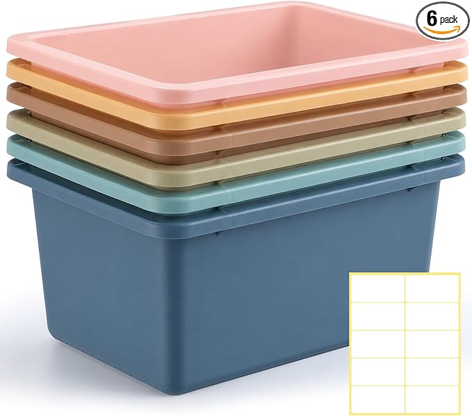 Thyle 6 Pieces Plastic Cubby Bins with Labels Classroom Book Bins Stackable Storage Container Durable Toy Storage Organizer Baskets for School Classroom Office (Classic,Morandi Color1) by Thyle