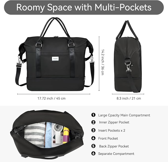 Voova Weekender Duffle Bag Set with Shoe Compartment, 4 Piece, Black | Carry-on travel set includes weekender, shoe bag, toiletry bag and makeup pouch for organized overnight trips - Image 2