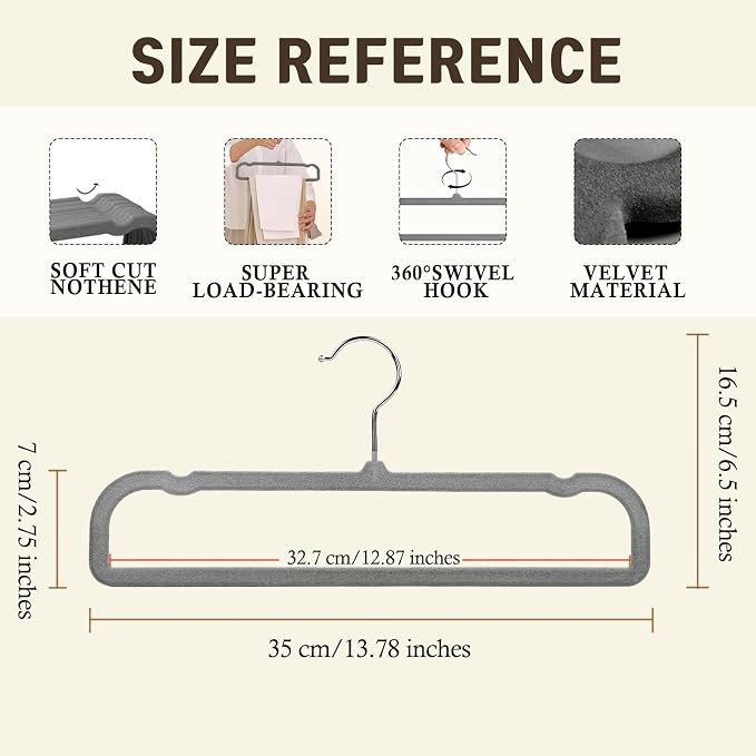 Velvet Pants Hangers with Non Slip Bar, 20 Pack Felt Slack/Trouser Hangers for Closet, Slim Space Saving Closet Perchas Terciopelo 360° Swivel Hook for Tank Top, Bra, Shorts, Jeans, Towel (Grey) - Image 2