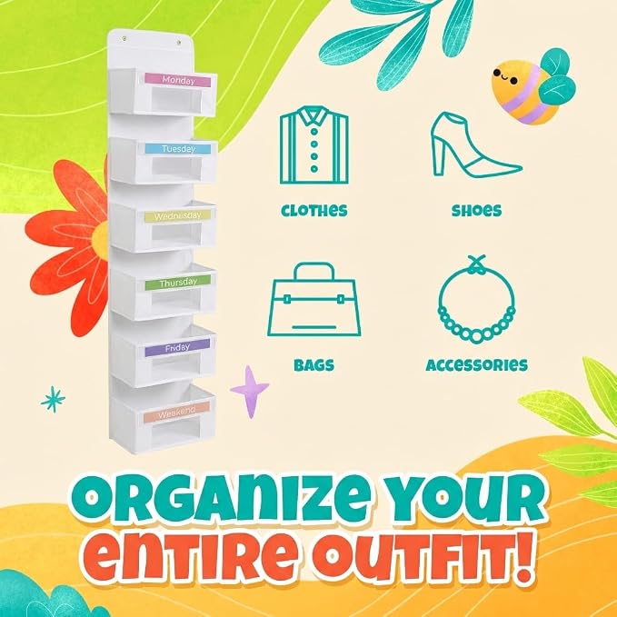 Weekly Clothes Organizer for Kids, Monday through Friday Clothing, 6 Shelf | Houseables Days of the Week Clothes Organizer, Kids Closet, Daily Outfit Storage, Weekday, M-F, School, Hanging, Over Door - Image 6