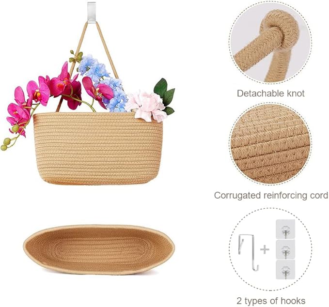 TeoKJ Over the Door Hanging Basket, 3-Tier Woven Cotton Wall-Mounted Storage Organizer Bag Decorative Hanging Nursery Baskets, Jute - Image 6