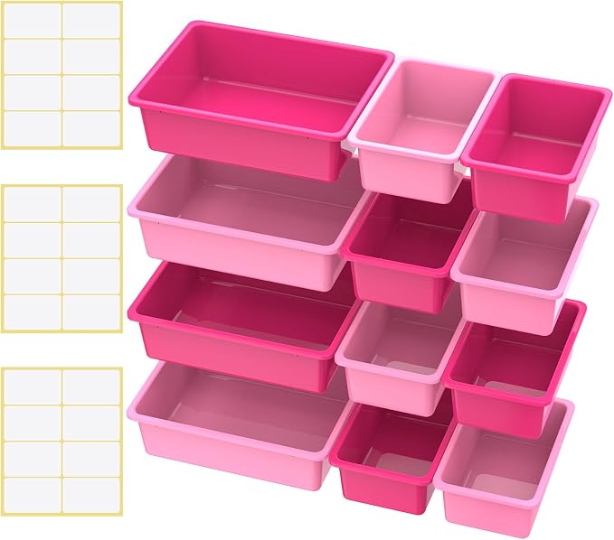 Zonon 12 Pcs Plastic Cubby Bins Office Storage Container Storage Bins Plastic Organization with 1 Pack Self Adhesive Label for Library Office Home Nursery(Pink/magenta) - Image 7