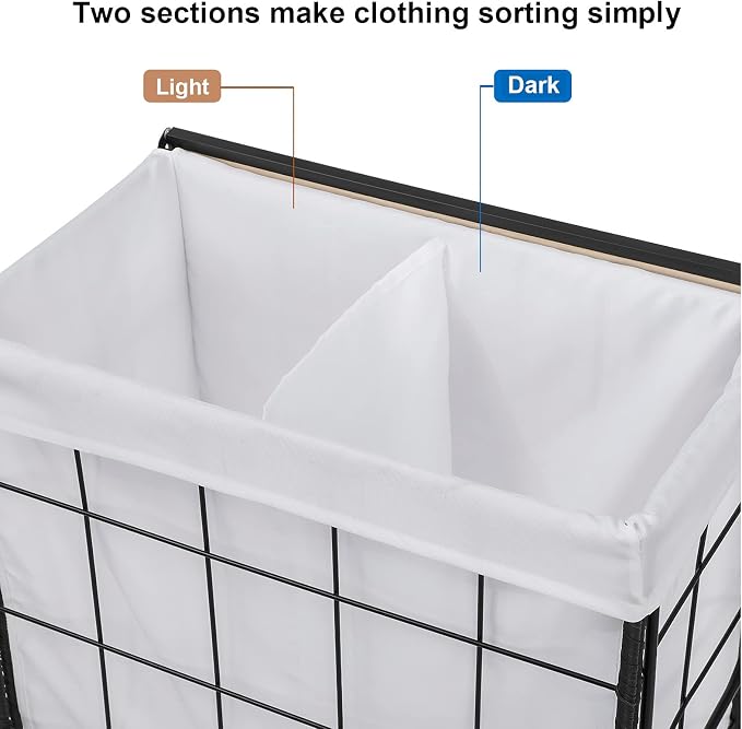 110L Laundry Hamper with Wood Lid, Rolling Laundry Basket with Liner Bag | Dual Laundry Compartments; Lockable Wheels; Reinforced Steel Frame; Durable Metal Handle; Easy Assembly - Image 5