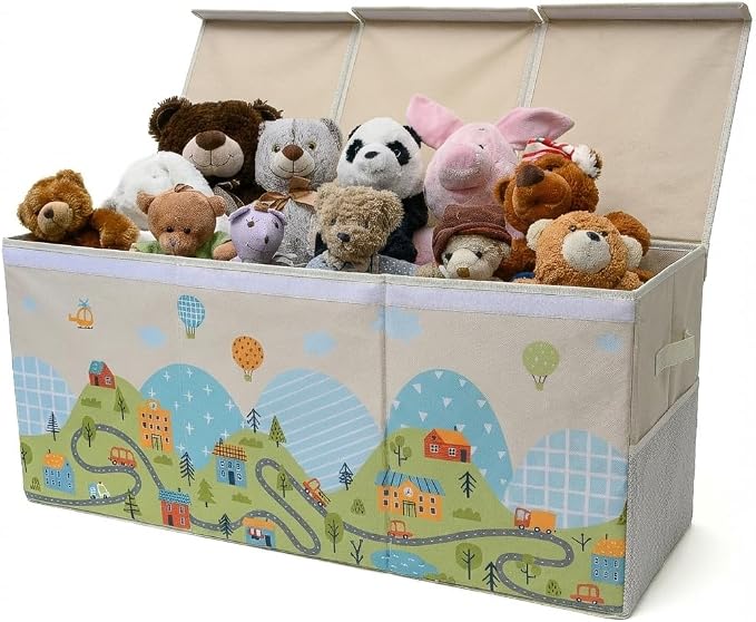 SoftOwl Extra Large Toy Storage Organizer with Lid - Sturdy, Collapsible Toy Chest Storage Box with Cute Design - Toys Bin with Dividers for Kids, Boys, Girls, Nursery, Bedroom, Play room 37"x16"x14" by SoftOwl