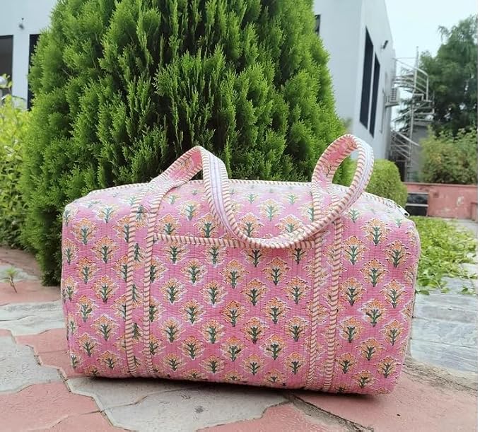 Cotton Floral Printed Quilted Duffle Bag Large | Hand Block Print, Weekender Bag, Shoulder Travel Overnight Bag, 20x10x10 Inches - Image 3