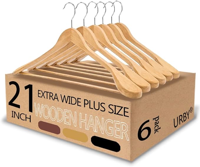 Urby 6pk 21 inch Wide Shoulder Wooden Hangers, Original Wood Color | For Plus Size Cloth, No Shoulder Bump Design, Non Slip Pants Bar, For XXL Suit, Jackets, Heavy Cloths, Easy-to-Install Hook by Urby